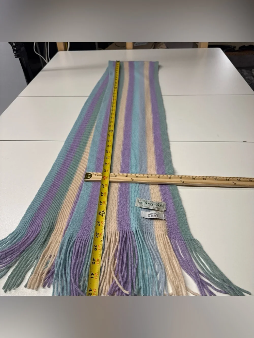 Mc Kennas 100% Pure New Wool Knitted Fringe Hem Scarf Women Pastel Striped 8x76